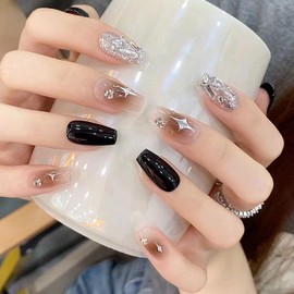 Star Press on Nails - Shiny Luxury Medium Square,Stars Fake Nails Kit with 24 Nails,24pcs jelly glue stickers,1pcs mini nail file,1pcs wooden stick （ Glitter Popular Nails for Women and Girls）