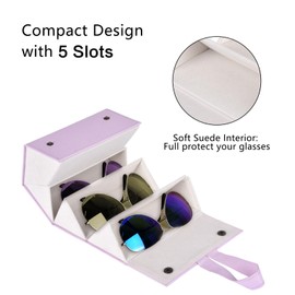MEGREZ 5 Slots Sunglasses Organizer Box, PU Leather Foldable Woman Eyeglass Case Eyeglass Organizer Storage, Multiple Sunglass Holder for Travel, Purple