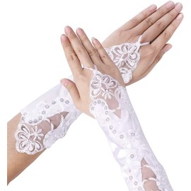 haozaikeji Women Lace Up Arm Sleeves Fingerless Floral Gloves Lolita Satin Elbow Handwear, White, adjustable