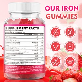 2 Pack Vegan Iron Gummies for Adults & Kids - with Vitamin C, A, B-Complex, Folate, Zinc, and Biotin - for Blood Building & Energy Support, 120 Gummies