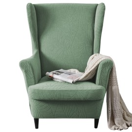 MIFXIN Wingback Chair Slipcover 2 Piece Stretch Wing Back Chair Cover with Cushion Cover Soft Washable Armchair Furniture Protector for Living Room Bedroom (Jacquard Green)