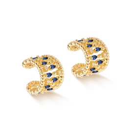 MYEARS Women Ear Cuff Earrings Gold Non Pierced Cartilage Clip on Open Wrap Beaded Station Hoop Blue Cubic Zirconia 14K Gold Plated Simple Hypoallergenic Everyday Jewelry