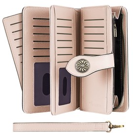 Travelambo Womens Wallet Large Capacity Genuine Leather RFID Blocking Credit Card Holder Wallets with Wristlet(Champagne Pink)