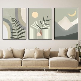 WZXGHE Abstract Picture, Aesthetic Green Plant Pictures, Bohemian Poster Set, Modern Green Plant Pattern Wall Pictures, Living Room, Bedroom Decorative Poster, Unframed (B, 3 x 30 x 40 cm, Unframed)