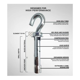 DOJA Industrial Extension Anchor Hook Screw M10-70 Pack 5 Ceiling Hook Expansion Screw Heavy Duty Anchor Expansion Hook Screw Cup Hook Bolt Anchor Anchor Anchor Wall Hook