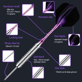 DARTSPACE 12 Pack Steel Tip Darts Set 22 24 Grams, Metal Tip Darts with Premium Black Purple Darts Stem 24 Flights Extra 50 Rubber O-Rings 1 Dart Sharpener Tool Kit for Dart Board