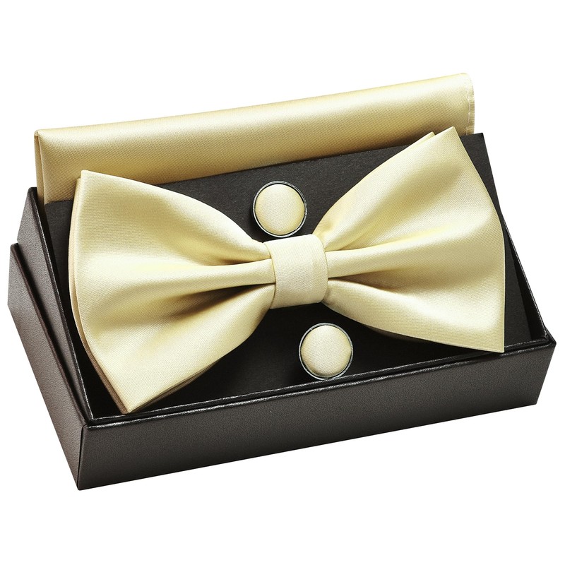 GUSLESON Mens Light Yellow Bow Tie and Pocket Square Cufflink