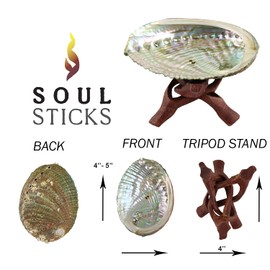Soul Sticks Abalone Shell with Wooden Tripod Stand for Smudging Sage, Herbs, Incense, Resin, and Palo Santo | Sustainably Sourced Shell Ashtray with Smudge Guide | Available in 3 Sizes