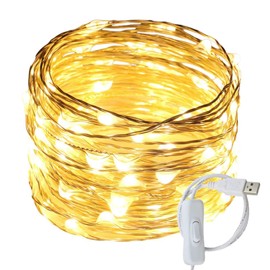 RUICHEN USB Fairy Lights 33 Ft 100 LED Firefly String Lights with ON/Off Switch, Waterproof Silver Wire Christmas Lights for Bedroom Wall Ceiling Wreath Crafts Wedding Party (Warm White)