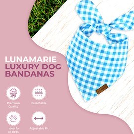 LunaMarie - Luxury Pet Birthday Bandanas -Premium & Silky Poly Fabric | 100% Handmade | Custom Shape Dual Layered (Blue Checkers, Large)