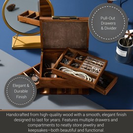 Shanik Wooden Jewelry Box for Women – Elegant Organizer with Ring Cushions, Pull-Out Drawers & Necklace/Earring Storage, Compact Gift for Jewelry Lovers
