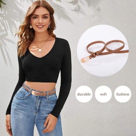 KONQUWA Women Leather Belt Casual Fashion ladies Skinny Belt for Jeans Coats Pant Dress Waist Belt with Gold Buckle, Caramel/Gold Buckle, Fit Waist Size 29″-38″