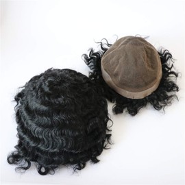 Lumeng Wigs for Men All French Lace Base Curly Male Toupee Afro Loose Weave Mens Toupee Hairpiece Indian Human Hair Replacement System African American Wigs - #1 (Jet Black)