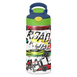 Boccsty Bright Race Car Truck Kids Water Bottle with Straw Lid Sport Cars Insulated Stainless Steel Reusable Tumbler for Boys Girls Toddlers 12 oz Green