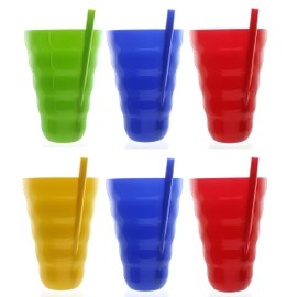 (Set of 4) Plastic Straw Cups with Built-In Straws – 22oz Stackable Plastic Tumblers – BPA-Free, Reusable Sip-A-Cup Drinkware – Dishwasher Safe – Water, Juice, Milk