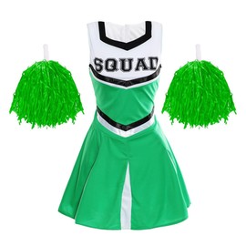 Ladies Cheerleader Costume with Pom Poms - Womens Highschool American Style Fancy Dress Party Outfit (Green – UK 12-14)