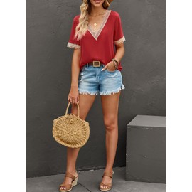 EVALESS Womens Summer Tops Lace Trim V Neck Short Sleeve Chiffon Shirts Business Casual Fashion 2024 Lightweight Loose T-Shirts Red X-Large