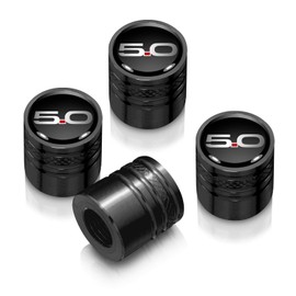 iPick Image for Ford Mustang 5.0 in Black on Black Aluminum Cylinder-Style Tire Valve Stem Caps