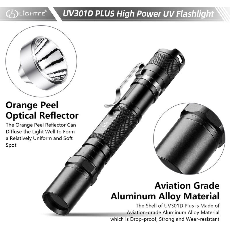 LIGHTFE Black Light 365nm UV Flashlight UV301D-Plus-1, high-Power UV LED,
