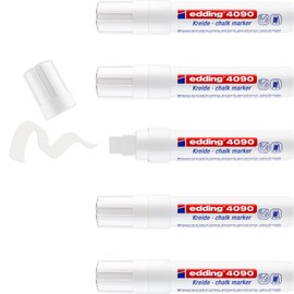 edding 4090 chalk marker - white - 5 chalk pens - chisel tip 4-15 mm - broad-tipped wet wipe pen for chalkboards, windows, glass, mirrors - liquid chalk marker pens for opaque coverage