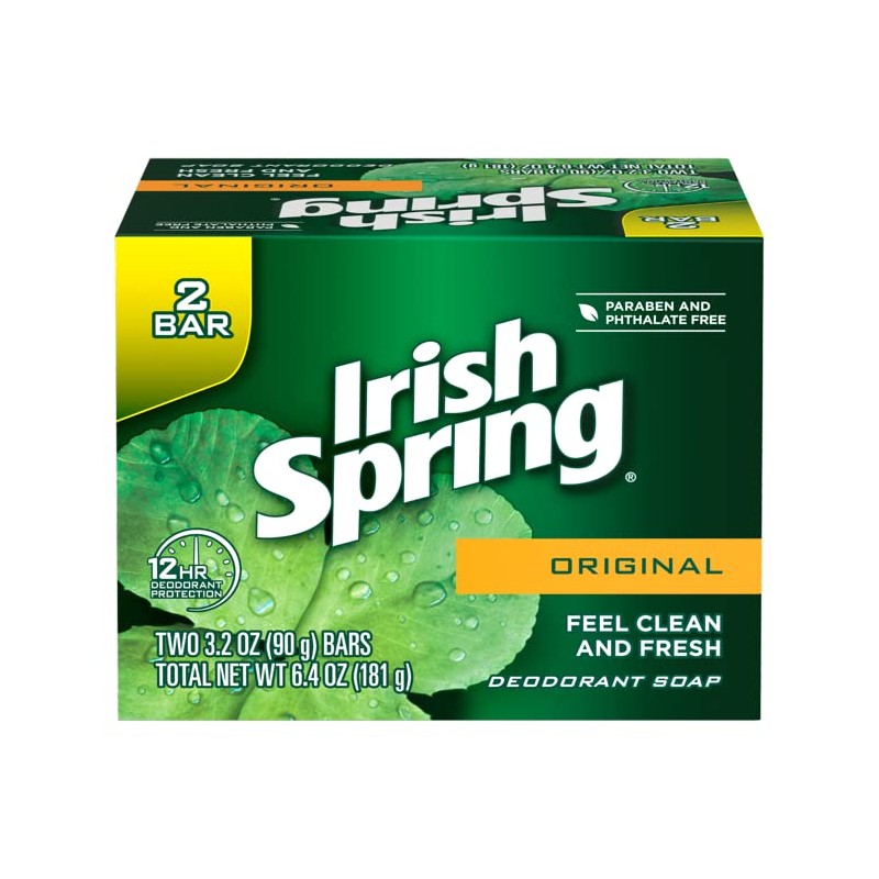 Irish Spring Original Deodorant Bar Soap, 3.20 oz Bars, 2
