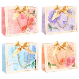 4pcs Large Gift Bagswith Ribbon for Present, Multi Flower Printed Gift Bags with Handles for Birthday Valentine's Day Momther's Day Wedding Christmas Holiday Presents(Multi 2, Large)