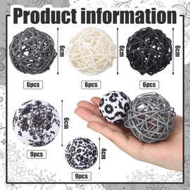 Halloscume 36 Pcs Decorative Fabric Balls for Centerpiece Bowls & Vases - 2.4 Inch Wicker Rattan Balls - Black & White