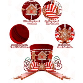 KAHEIGN Christmas Tree Topper, 25CM Large Red Xmas Tree Top Hat with Gingerbread and Striped Bow Ribbon for Home Christmas Holiday Winter Party Decor Desktop Ornaments