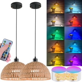 Battery Operated Pendant Light with Remote,Battery Ceiling Lights No Wiring,Battery Chandelier with RGB Rechargable Light Bulbs 50hrs Battery Life,2 Pack Rattan boho Hanging Light for Kitchen Island