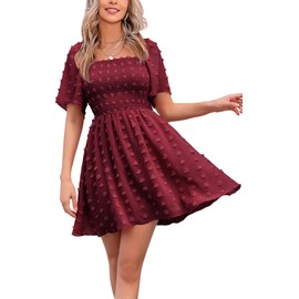 EXLURA Women's 2025 Summer Casual Square Neck Dresses Ruffle Short Sleeve Swiss Dot Flowy Mini Dress Wine Red