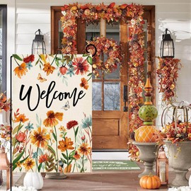 Baccessor Fall Floral Welcome Garden Flag 12.5 x 18 Inch Double Sided Burlap Autumn Wildflower Yard Flag Thanksgiving Holiday Seasonal Outdoor Outside Decoration
