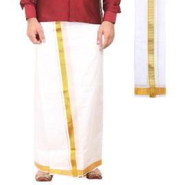 kaatru Free Size Premium Dhoti (Dhoti Length 3.65 Meters) and Angavastram - 1 Inch Golden Border