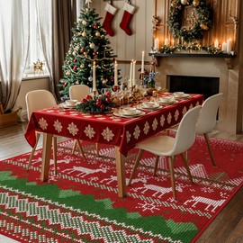 Christmas Area Rug 6x9 for Living Room Bedroom, Machine Washable Rug, Indoor Christmas Home Decor, Holiday Print Red Carpet, Low Pile Non Slip Rug with Rubber Backing, Christmas Red