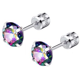 Titanium Surgical Stainless Steel Cubic Zirconia Screw Back Stud Earrings,Hypoallergenic Dainty Screw Flat Back CZ Studs Double Side Titanium Screw Back Earrings for Women Men(Silver Rainbow)