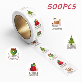 FRUZJAY Merry Christmas Stickers 500Pcs 1 Inch Self-Adhesive Rolls Decals Christmas Tree Gift Bag Round Stickers Cute Wreath North Pole Sign Xmas Label Sticker Party Supplies New Year Decor
