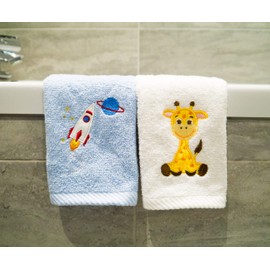 Lex's Linens Pack of 2 Kids Face Cloth (1 of Each) (Giraffe & Rocket)