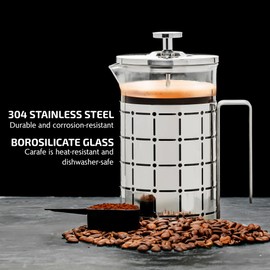 OVENTE French Press Coffee Maker 27 Ounce with Heat Resistant Borosilicate Glass, Stainless Steel Design and 4-Level Filter System, Portable Cold Brewer Pot for Travel, Camping or Gift, Silver FSS27P