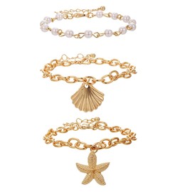 Conch Seashell Starfish Bracelet for Women Conch Shell Summer Pearl Beach 14k Gold Layered Dainty Bracelet