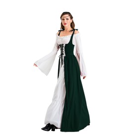 Velcoxplay Women's Renaissance Dress, Medieval Dress with Trumpet Sleeves, Medieval Victorian Queen Costume, Maxi Dress, Green, XL