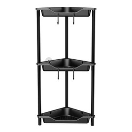 Orimade Rustproof 2 Tier Floor Standing Corner Shower Caddy Organizer, Plastic Metal Splicing Floor Corner Shelf Rack Stands for Bathroom, Black
