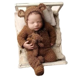 Zeroest Knitted Footed Romper and Bonnet for Newborn Photography, Newborn Bear Outfit for Photoshoot Overalls Baby Photo Props (Camel)