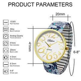 Blekon Women's 41mm Floral Face Stretch Band Watch – White & Black Expansion Bracelet, Bold Multicolor Dial, Easy-Wear Large Face Watch for Women
