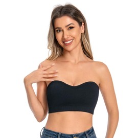 ANGOOL Bandeau Bra Women Padded Strapless Seamless Bra Tube Tops Invisible Bralettes with Convertible Bra Straps,Black, M