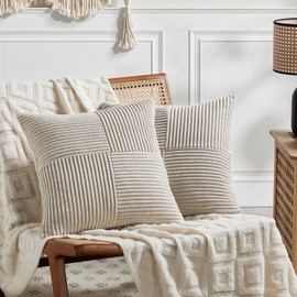 Fancy Homi 2 Packs Neutral Taupe Decorative Throw Pillow Covers 18x18 Inch for Living Room Couch Sofa, Rustic Farmhouse Boho Home Decor, Soft Corss Corduroy Patchwork Textured Square Cushion Case 45cm