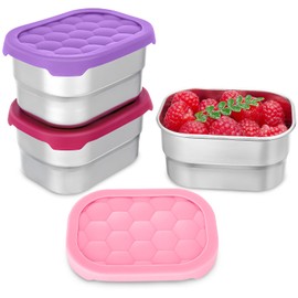 Gencywe 3 Pack Stainless Steel Snack Containers for Kids, 8 oz Easy Open Leak Proof Small Toddler Snack Containers with Silicone Lids, Stackable Metal Lunch Box for Daycare and School (Pink)