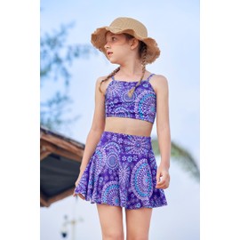 Arshiner Girls Bikini Set 3-Piece Summer Swimsuits Kids Tankini with Skirt Floral Print Swimwear Bikinis for Girls 5-6 Years Violet