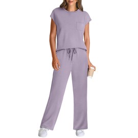 WIHOLL Matching Sets Women Clothing Summer 2025 Petite Lounge Sets Travel Outfits Business Casual 2 Piece Comfy Sets Women's Clothing Trendy Dressy Athleisure Pjs Elastic Waist Loungewear Purple S