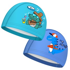 ukfisy Swimming Cap Kids,2 Pcs Comfortable Swim Cap Kids,Stretchy Fabric Swimming Hat Kids Boys Girls Teens for Age 4-10