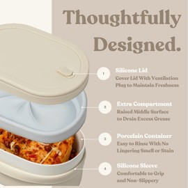 SWANZ Ceramic Bento Box - Leak Proof, Microwave and Oven Safe, Non-Reactive, Self Draining, BPA-Free, Blue, 30.4 Oz