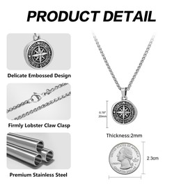 murtoo Pendant Necklace for Men, Stainless Steel Compass Mens Necklace with Wheat Chain Twisted Rope Chain, 22" Coin Pendant Necklace for Women Men (Antique Silver- Irregular Circular-Wheat Chain, 22")